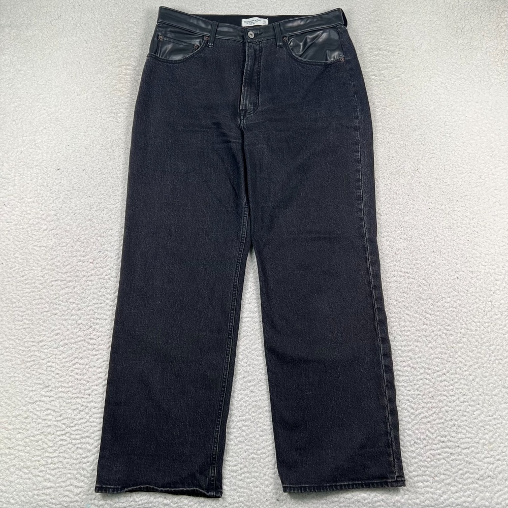 Abercrombie & Fitch the 90s Relaxed Jeans Womens 32/12 High Rise Faux Trim Black